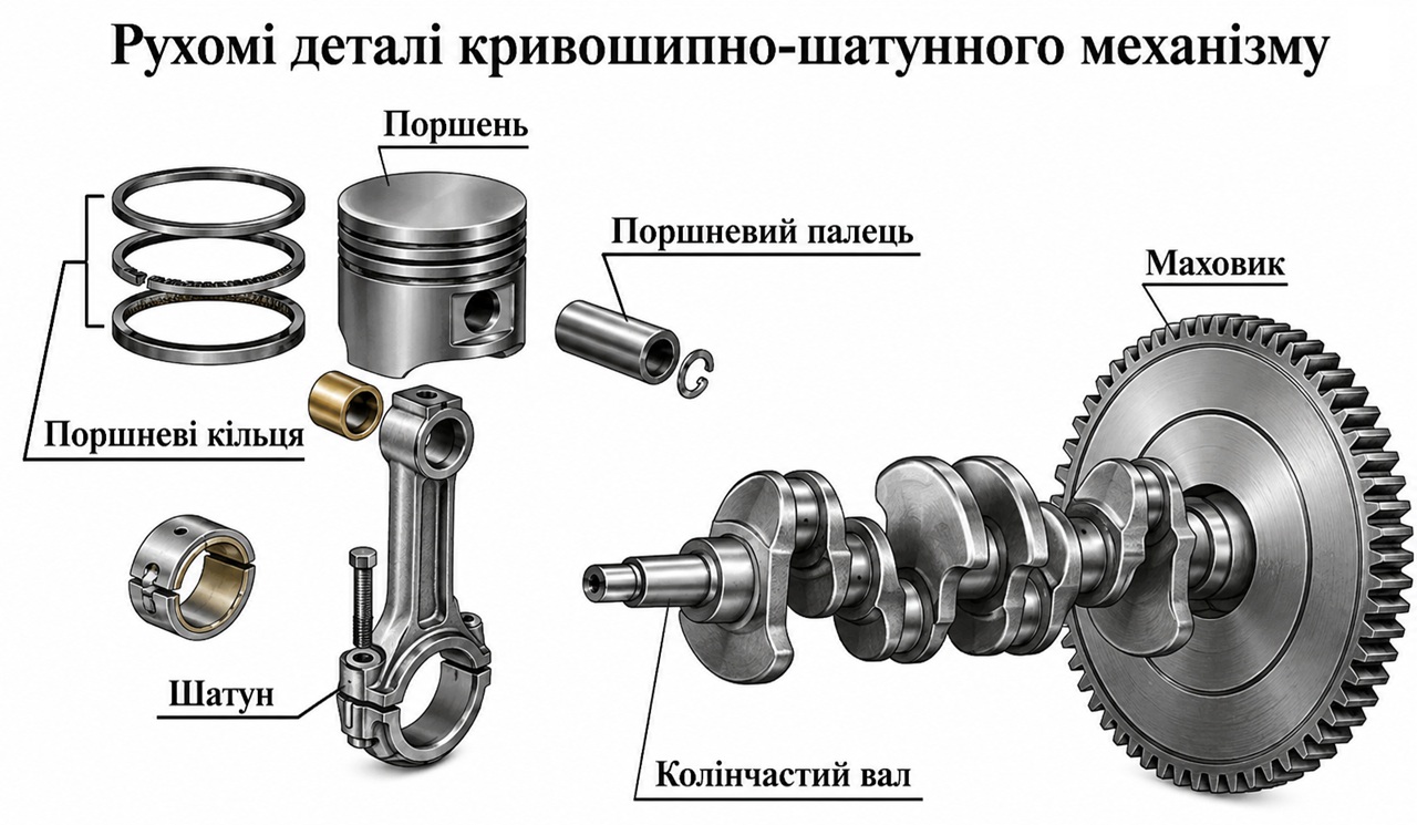Рухомі деталі кривошипно-шатунного механізму