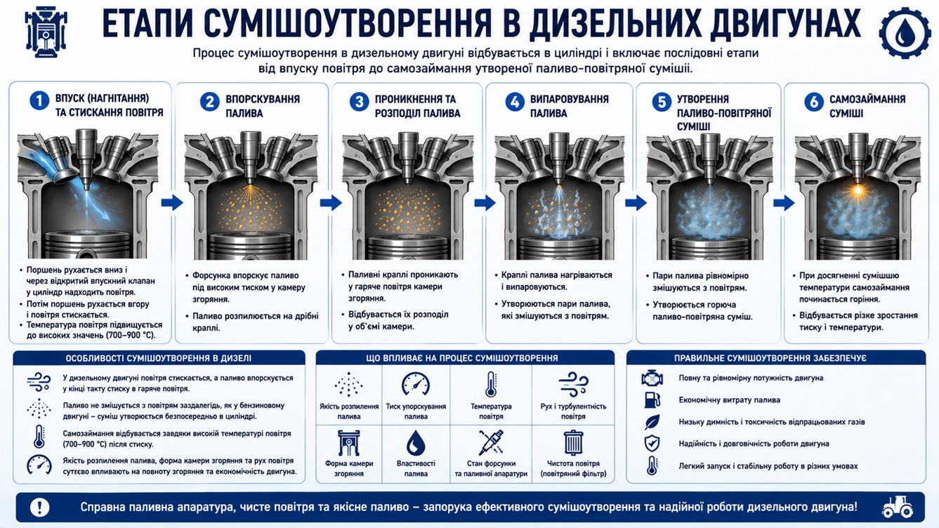 Інфографіка «Етапи сумішоутворення в дизельних двигунах»