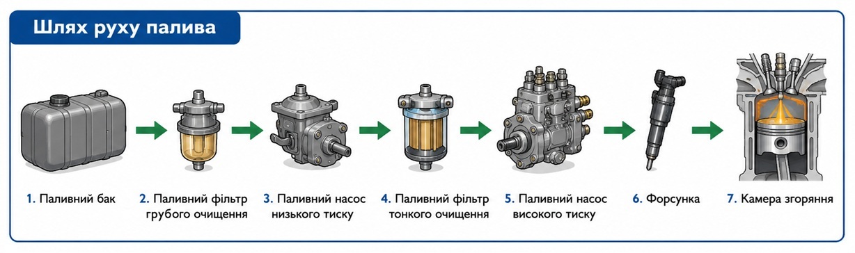 Шлях палива в системі живлення дизеля