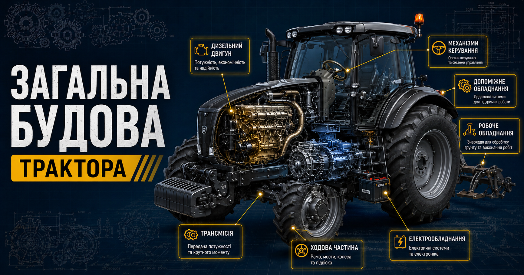 Інфографіка загальної будови трактора